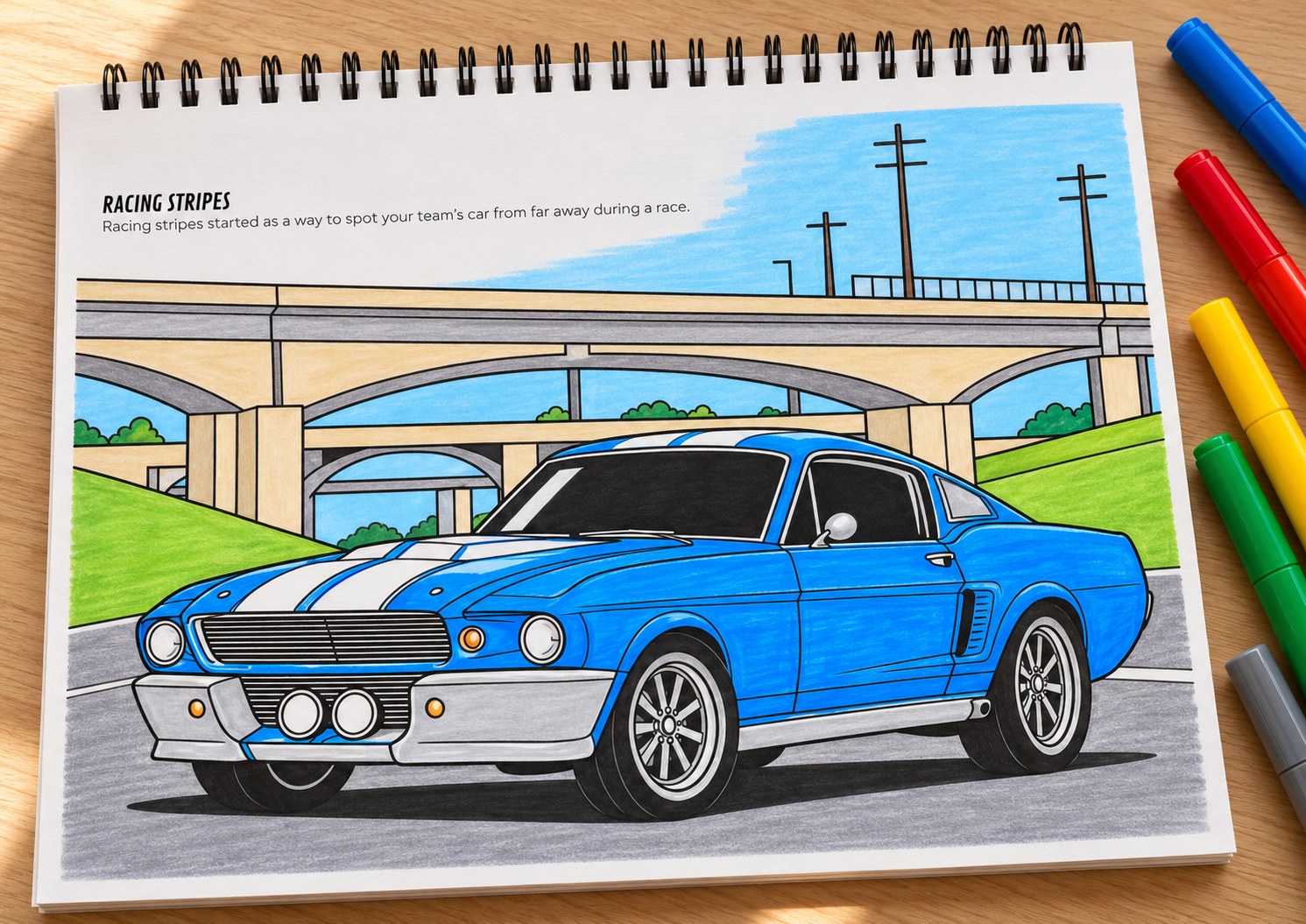 A coloured-in Epic Cars page about racing stripes