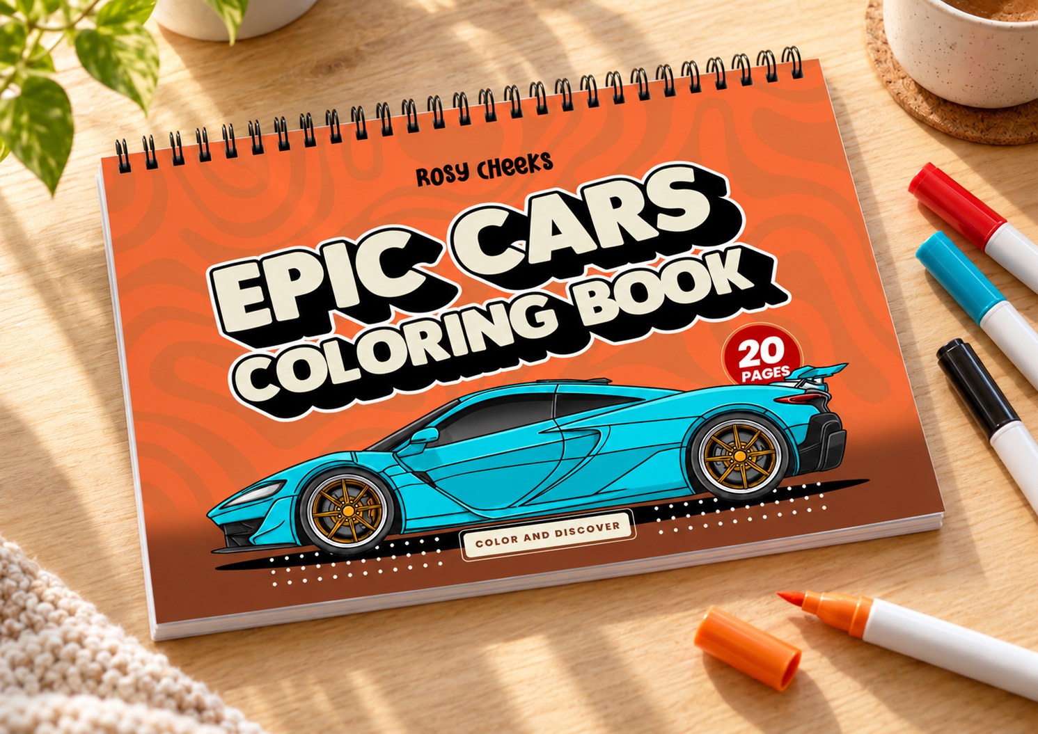 Epic Cars coloring book on a wooden table with markers